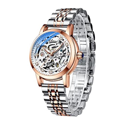 FORSINING orologio meccanico automatico da donna cinturino in acciaio inossidabile oro rosa quadrante scheletro di lusso signore diamante elegante vestito orologio da polso, 88301. , bracciale