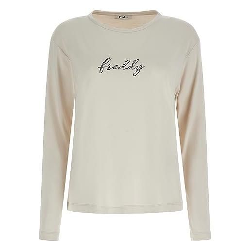 FREDDY - t-shirt manica lunga in jersey viscosa con logo in strass, donna, beige, small
