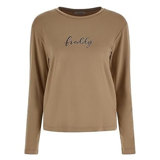 FREDDY - t-shirt manica lunga in jersey viscosa con logo in strass, donna, beige, medium
