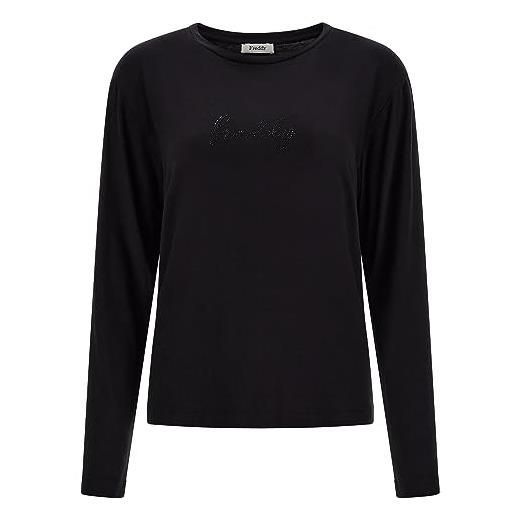 FREDDY - t-shirt manica lunga in jersey viscosa con logo in strass, donna, nero, large
