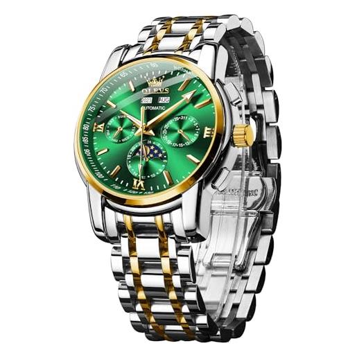 OLEVS orologio da polso automatico da uomo, meccanico, di lusso, classico, con fasi lunari, in acciaio inox, impermeabile, luminoso, cinturino bicolore e quadrante verde, bracciale