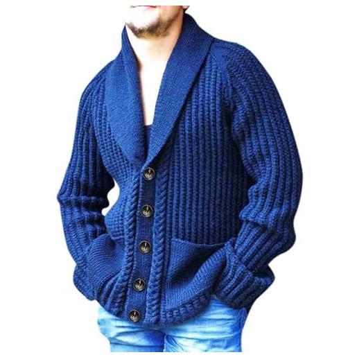 QWUVEDS autunno e inverno moda uomo casual e bottone, cappotto di lana lavorato a maglia giacca invernale donna uomo cardigan con bottoni maglione uomo manica lunga, blu, xl