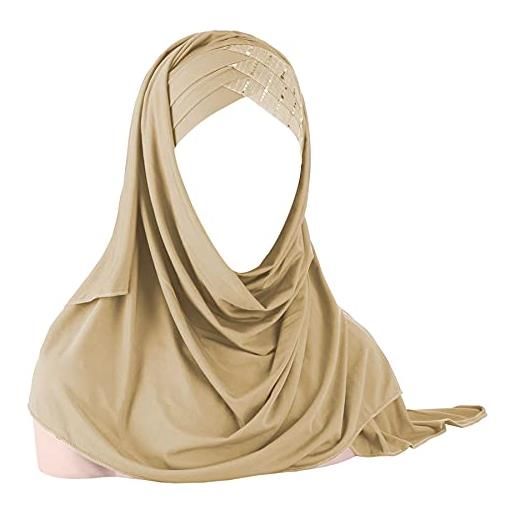 Caviotess berretto hijab turbante musulmano con glitter, lungo hejab, un pezzo unico con testa islamica, scialle per donne e ragazze - beige - taglia unica