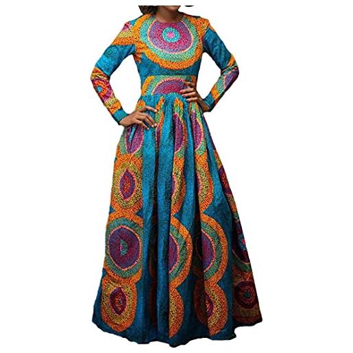 Kissprom le donne etniche stampate africane vestono la gonna di espansione dei vestiti di stampa di digital di lunghezza intera delle maniche lunghe, blu, s
