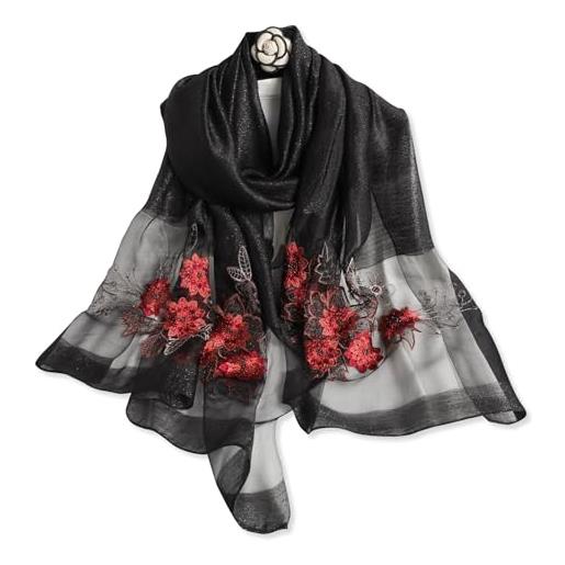 LumiSyne sciarpa di seta di gelso foulard chiffon donna ricamo con perline motivo a fiori tulle trasparente leggero morbido sciarpa lunga scialle di protezione solare stole primavera autunno