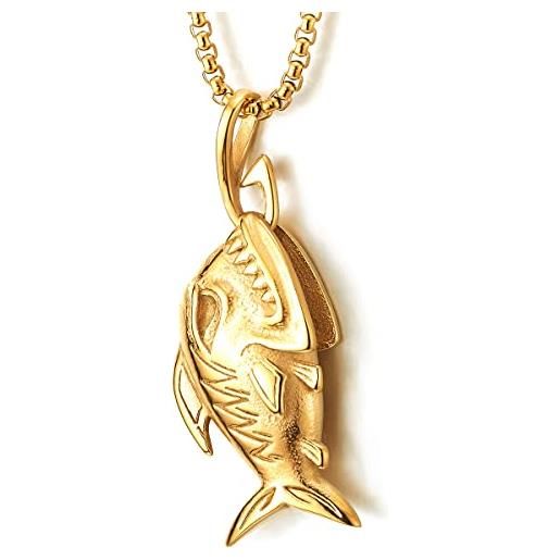 COOLSTEELANDBEYOND colore oro squalo affilati dente pesce scheletro osseo ciondolo, collana uomo, acciaio, catena del grano 70cm