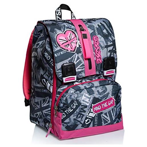 Seven zaino scuola triplicabile, rosa grigio, keep flag, zaino doppio scomparto estensibile con tasca esterna richiudibile, scuola, bambina