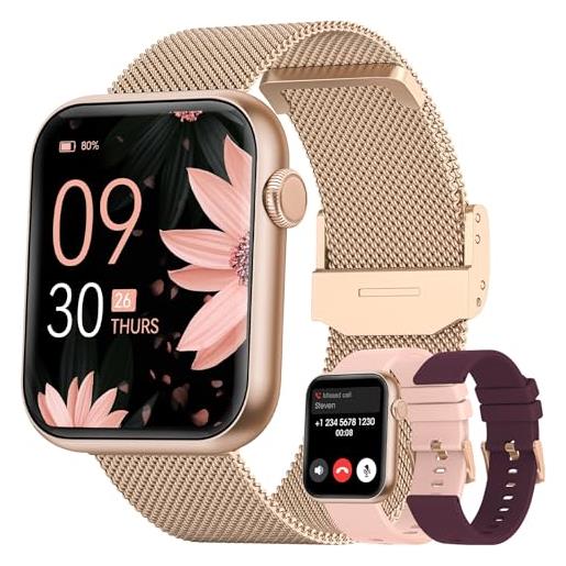 AKUMAKA smartwatch donna con chiamata bluetooth 5.3, smart watch da 1,85'' con 3 cinturini, fisiologia feminile, 8 sport cardiofrequenzimetro/spo2/sonno, notifiche messaggi, regalo android ios oro