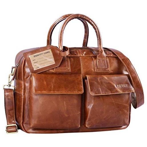 STILORD 'carlo' borsa da ufficio in vera pelle portadocumenti vintage valigetta 24 ore ventiquattrore borsa lavoro cuoio uomo donna, colore: cognac lucente