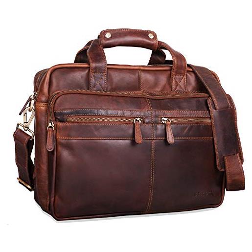STILORD 'explorer' borsa insegnante in pelle uomo donna - grande cartella vintage in vera pelle con tracolla, divisori & scomparto pc - borsa da lavoro, colore: cognac marrone scuro
