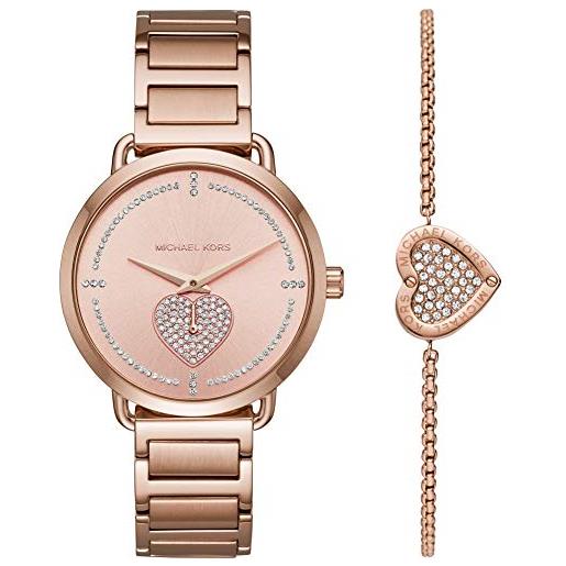 Michael Kors orologio portia da donna, movimento a tre lancette, cassa in acciaio inossidabile oro rosa 37 mm con bracciale in acciaio inossidabile, mk4468, set oro rosa e glitter