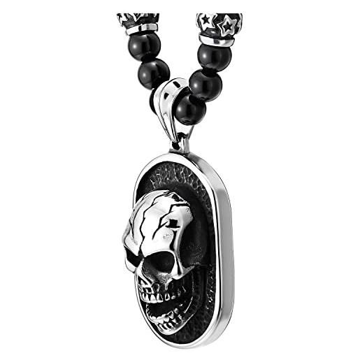 COOLSTEELANDBEYOND collana di perle in onice nero in stile gotico per uomo, pendente dog tag in acciaio brunito con cranio