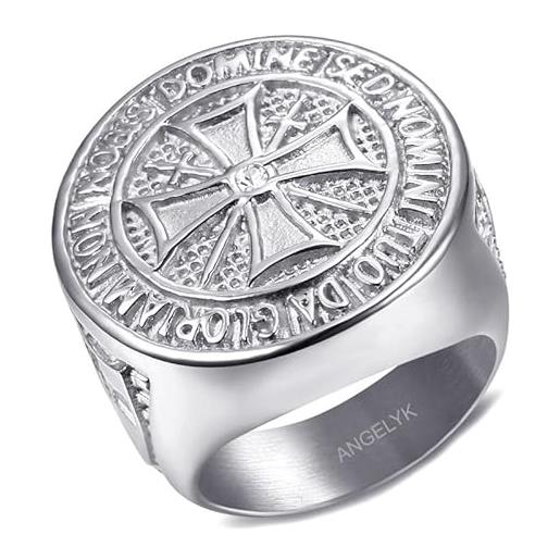 BOBIJOO JEWELRY - grande anello uomo anello con sigillo templare non nobis domine croce scudo diamante in acciaio inox argento - 24 (11 us), acciaio inossidabile 316