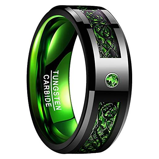 VAKKI anelli gioielli moda unisex per uomo donna drago celtico placcato argento 8mm anello in tungsteno anello in fibra di carbonio amicizia fidanzamento anello nuziale nero e verde taglia 30