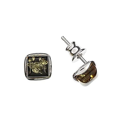 Artisana-Schmuck piccoli orecchini quadrati verdi con ambra in argento sterling 925/000 rodiato. 