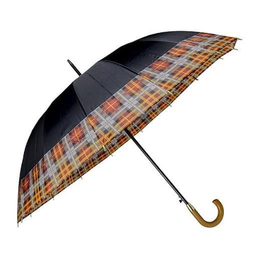 VIRSUS ombrello grande con dettagli scozzesi da uomo e donna - antivento, automatico, manico e asta in legno, 16 stecche (nero)
