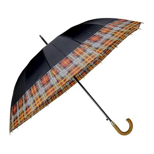 VIRSUS ombrello grande con dettagli scozzesi da uomo e donna - antivento, automatico, manico e asta in legno, 16 stecche (marrone)