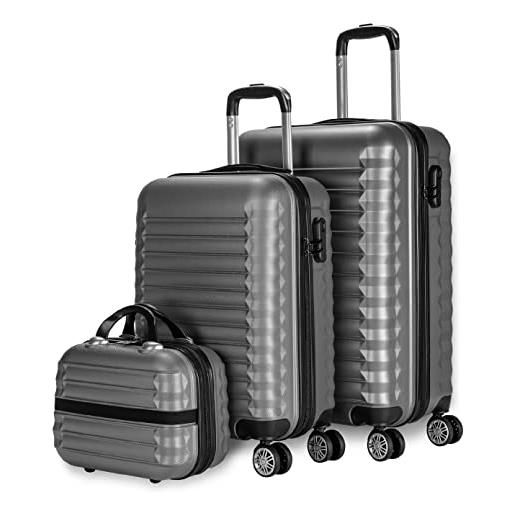 NEWTECK numada-set di 3 valigie e borsa da toilette mod grigio (53/63 cm) abs con 4 ruote doppie e lucchetto combinazione laterale