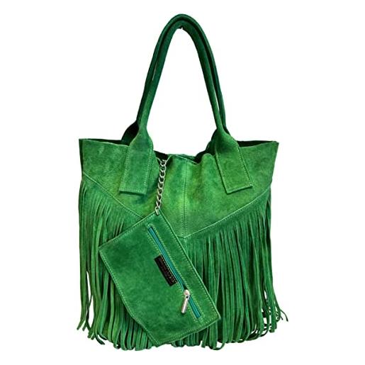 Modarno borsa shopper da donna in vera pelle scamosciata con frangia più custodia per gioielli dello stesso colore - borsa a mano - borsa a spalla (beige)