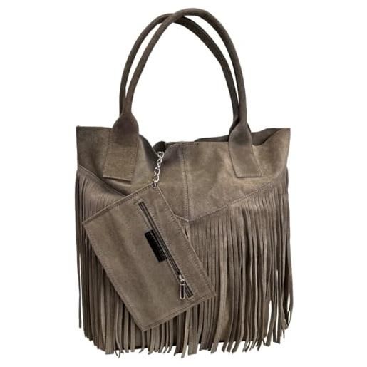 Modarno borsa shopper da donna in vera pelle scamosciata con frangia più custodia per gioielli dello stesso colore - borsa a mano - borsa a spalla (viola)