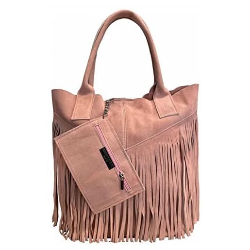 Modarno borsa shopper da donna in vera pelle scamosciata con frangia più custodia per gioielli dello stesso colore - borsa a mano - borsa a spalla (taupe chiaro)