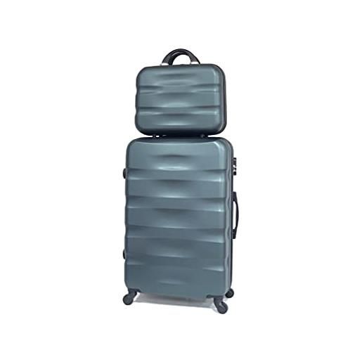 CELIMS valigia in abs, rigida, resistente, leggera, con 4 ruote girevoli a 360° e lucchetto integrato, verde scuro, grande + vanity
