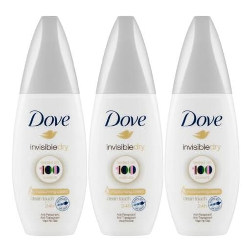 Dove invisible dry deodorante 24h vapo no gas delicato antitraspirante e anti-macchie con crema idratante - 3 deodoranti da 75ml