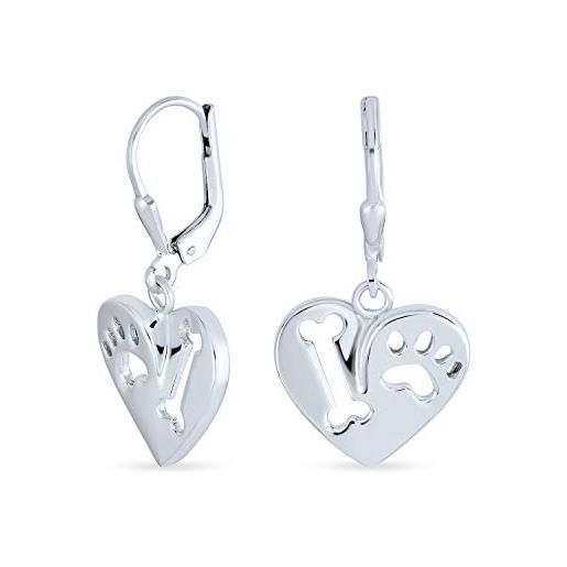 Bling Jewelry amo il mio cane cuore forma tagliata cucciolo osso animale amante dell'impronta zampa orecchini a leva a goccia per donne in argento sterling. 925