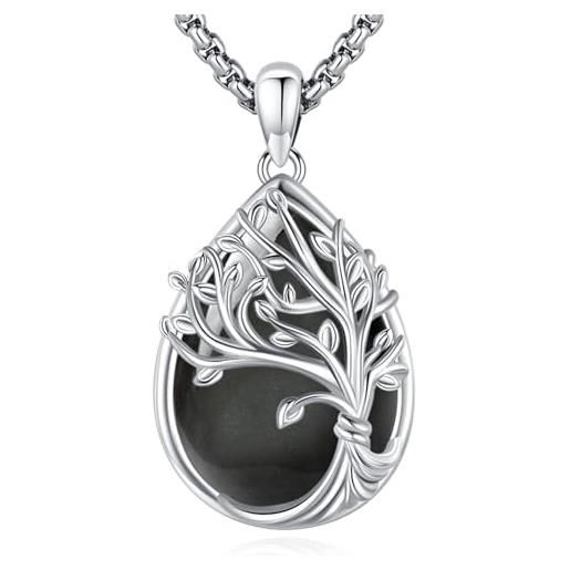 Eusense albero della vita collana da donna in argento 925 con catena di ciondoli in ossidiana nera per donne ragazze regali di compleanno