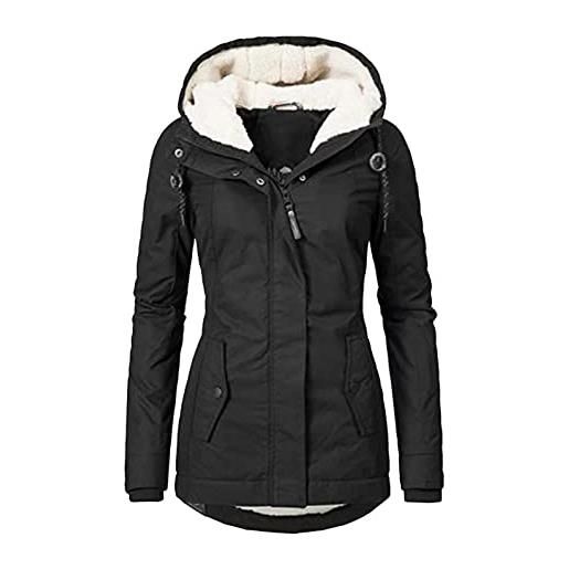 Yesgirl cappotto donna giacca con cappuccio invernale parka lungo termica pile cappotto con fodera in pile trench giubbotto giubbino a nero 3xl
