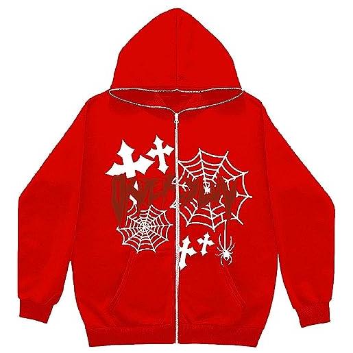 Yeooa donna y2k full zip hoodie spider print pattern hip hop pullover jacket uomo moda casual oversize autunno e inverno gothic retro unisex felpa (rosso, m)