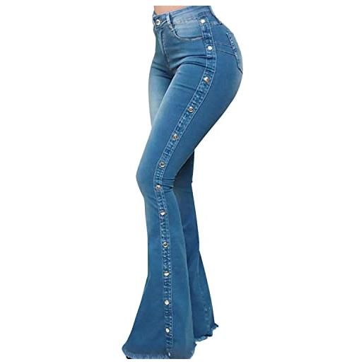 LAEMILIA jeans da donna a vita alta zampa di elefante jeans svasati pantaloni denim bootcut pantaloni flare bottoni grandi dimensioni pantaloni elasticizzati gambe larghe chic alla moda vintage, blu, 
