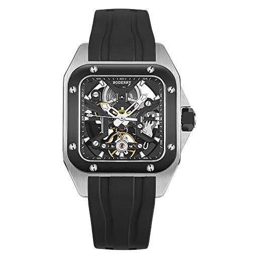BODERRY orologio automatico quadrato in titanio per uomo 72h riserva di carica laterale trasparente cassa 10atm impermeabile svizzero super-luminoso orologio da polso sportivo, nero
