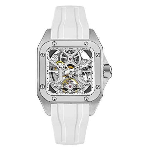 BODERRY orologio automatico quadrato in titanio per uomo 72h riserva di carica laterale trasparente cassa 10atm impermeabile svizzero super-luminoso orologio da polso sportivo, bianco