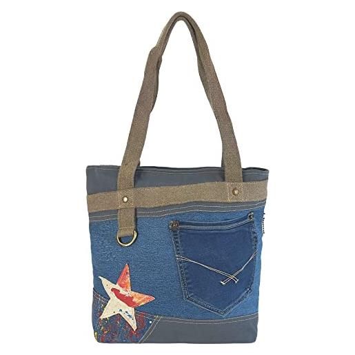 Sunsa borsa da donna sostenibile shopper stile vintage retrò borsa a tracolla in jeans riciclati. Grande borsa vegana come regalo per le donne, blu, l