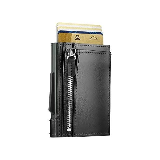ÖGON Smart Wallets ögon smart wallet - cascade per monete, chiusura a scatto - portafoglio automatico in alluminio e vera pelle - porta carte resistente a rfid - 8 carte + banconote - pelle nero/alluminio platino