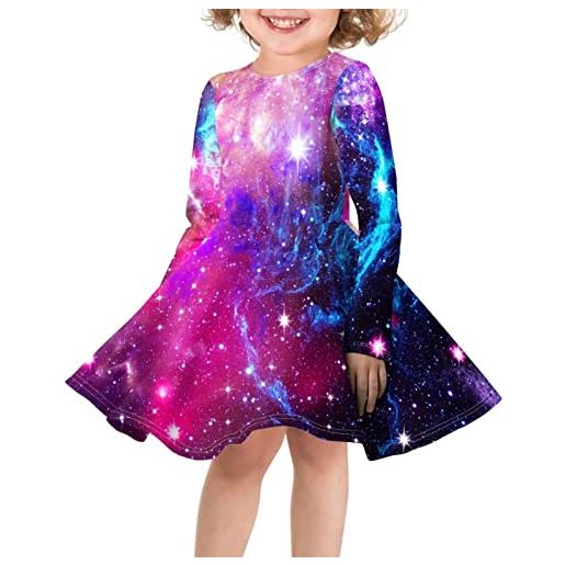 HUGS IDEA casual girocollo twirly skater vestito per kid toddler girls autunno inverno manica lunga swing dress, pink galaxy, 11-12 anni
