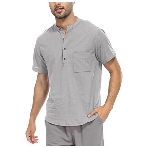 WAZZAP uomo camicia lino di cotone henley shirts con bottoni estate casual manica corta spiaggia hippie shirts