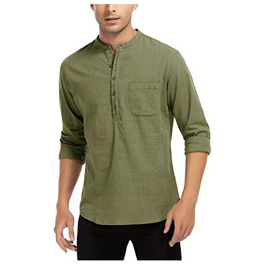 WAZZAP camicia lino da uomo maniche lunghe con bottoni casual estive spiaggia hippie henley camicia