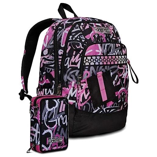 Seven. schoolpack zaino scuola new advanced chulky nero rosa + astuccio 3 zip completo