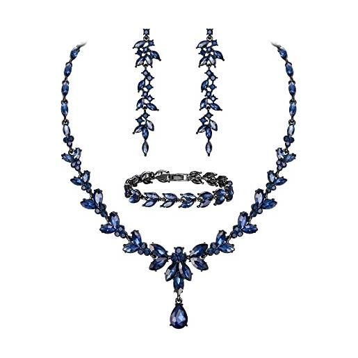 EVER FAITH set di gioielli da damigella in cristallo austriaco, collana con foglie di strass marquise, orecchini pendenti, bracciale da tennis sapphire blu nero-fondo