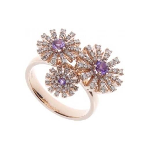 Damiani anello 3 margherite in oro rosa con diamanti e ametiste