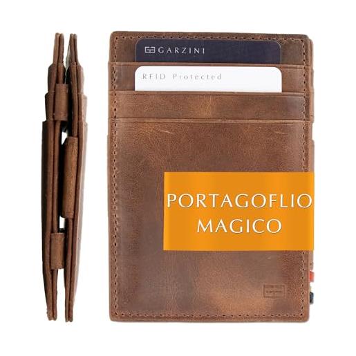 GARZINI portafoglio magico - in vera pelle, sottile e minimalista magic wallet da uomo con sistema di blocco rfid, brushed brown