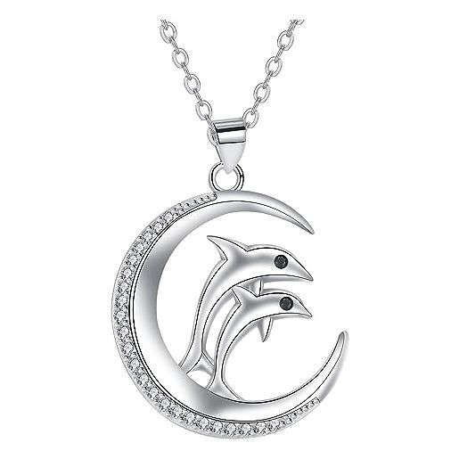 Hifeeled collana delfino donna argento sterling 925 con ciondolo luna, regali per donna madre moglie figlia - regolabile |45cm+5|