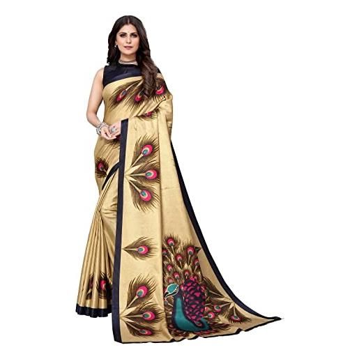 TreegoArt Fashion abbigliamento da festa stampato in seta artistica su telai a mano da donna saree indiano con camicetta non cucita -(golden peacock)