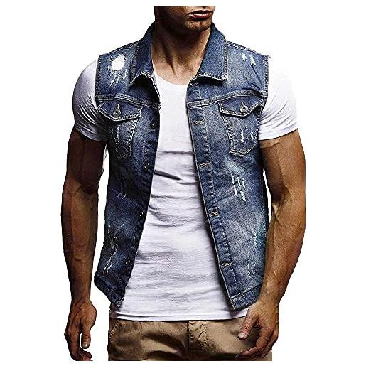 Modaworld giacca jeans senza maniche uomo vintage gilet denim vest colletto a risvolto gilet in denim lavato gilet di jeans capispalla giacca da moto