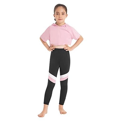 Freebily tuta da ginnastica bambina due pezzi maglietta a manica corta t-shirt felpe con cappuccio hoodie + leggings sportivi abito da ballo jazz hip hop danza moderna rosa 13-14 anni