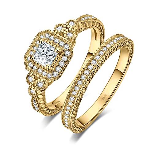 JewelryPalace 0.5ct canale anello halo donna argento 925 con cubica zirconia, anelli impilabili donna con pietra a taglio principessa, fedi nuziali in oro anelli matrimonio set gioielli donna 13