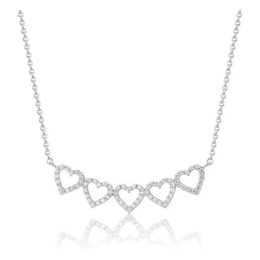 Miore collana cuore donna in argento, catena con cuori in argento 925 con zirconi. Girocollo lungo cm 45. Gioiello donna anallergico. 