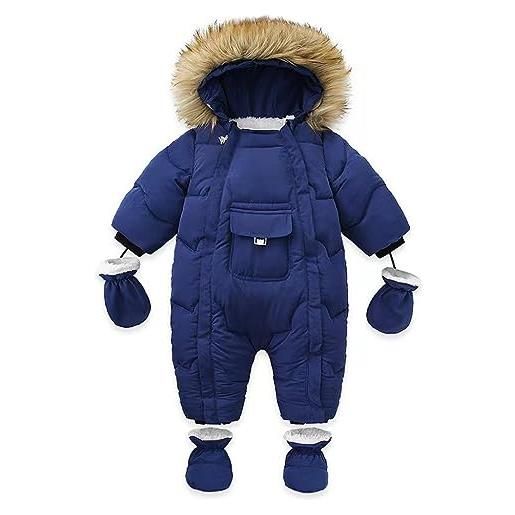 BRONG bambino inverno tuta da neve con cappuccio giacca piedi pagliaccetto con guanti neonato tuta con pelliccia staccabile bianco 12-18 mesi